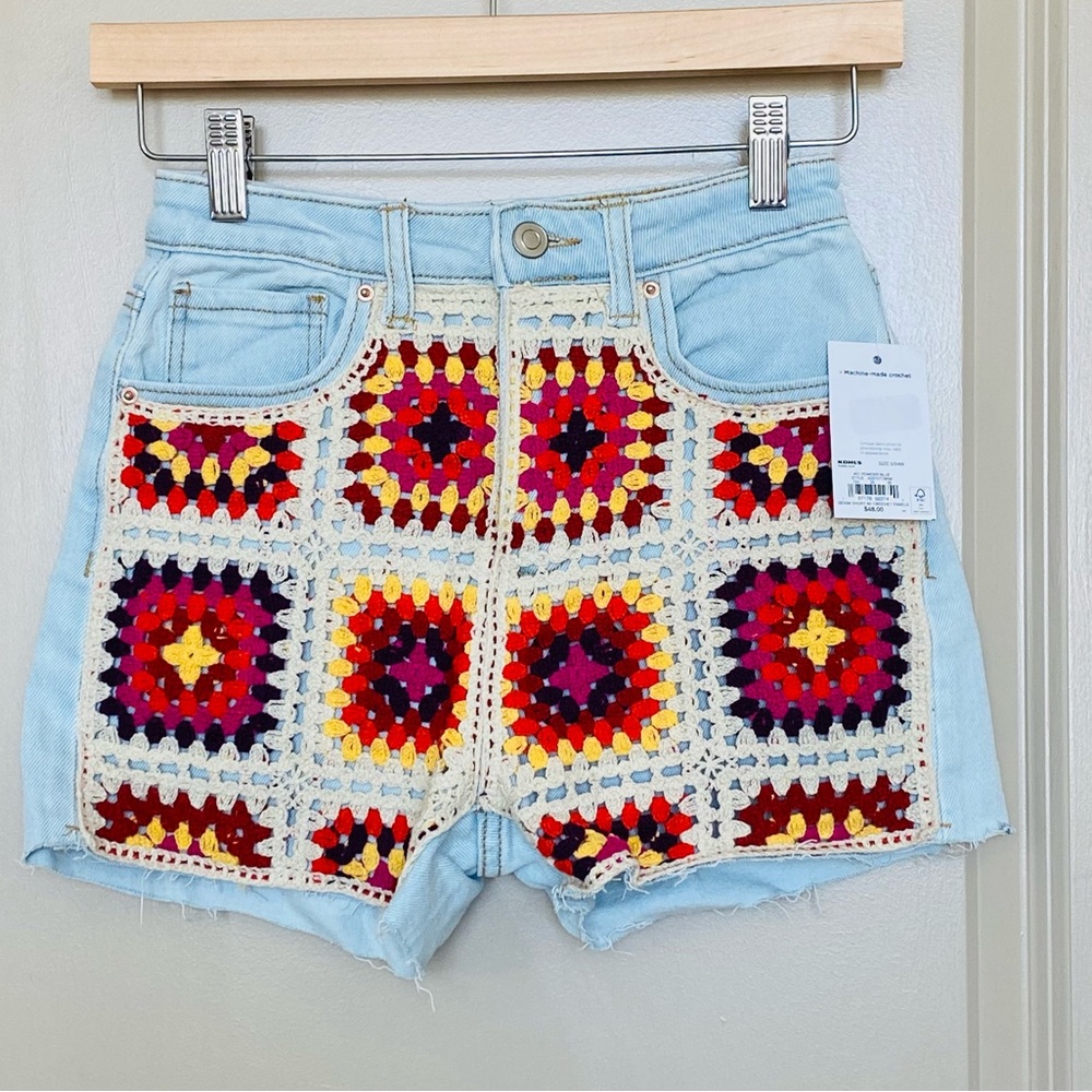 SO shorts with crochet panel and button fly.  Size 0/24W.  Baby Blue color NWT